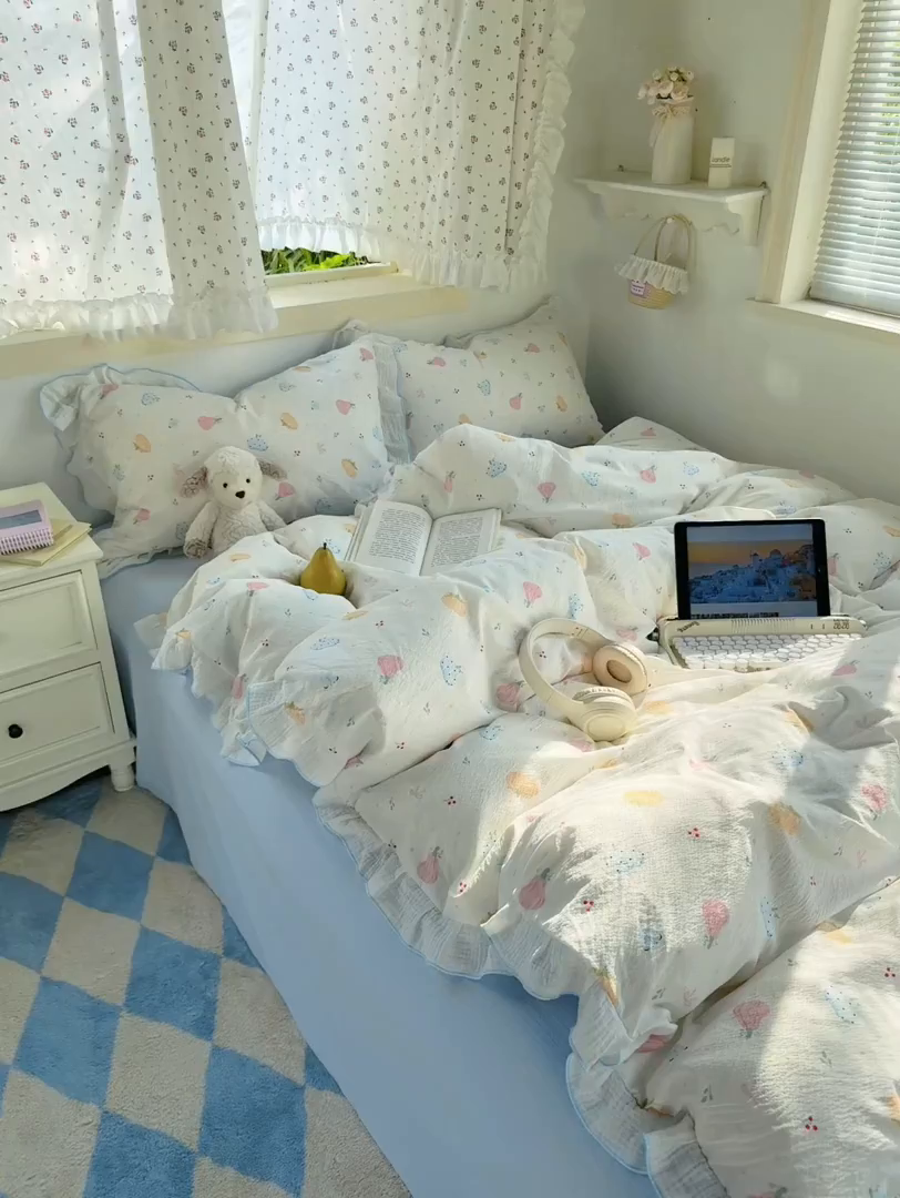 91家纺网 家纺一手货源 找家纺 繁花家居 2025新款高弹线云感木棉多层纱花边超软四件套 彩色南瓜