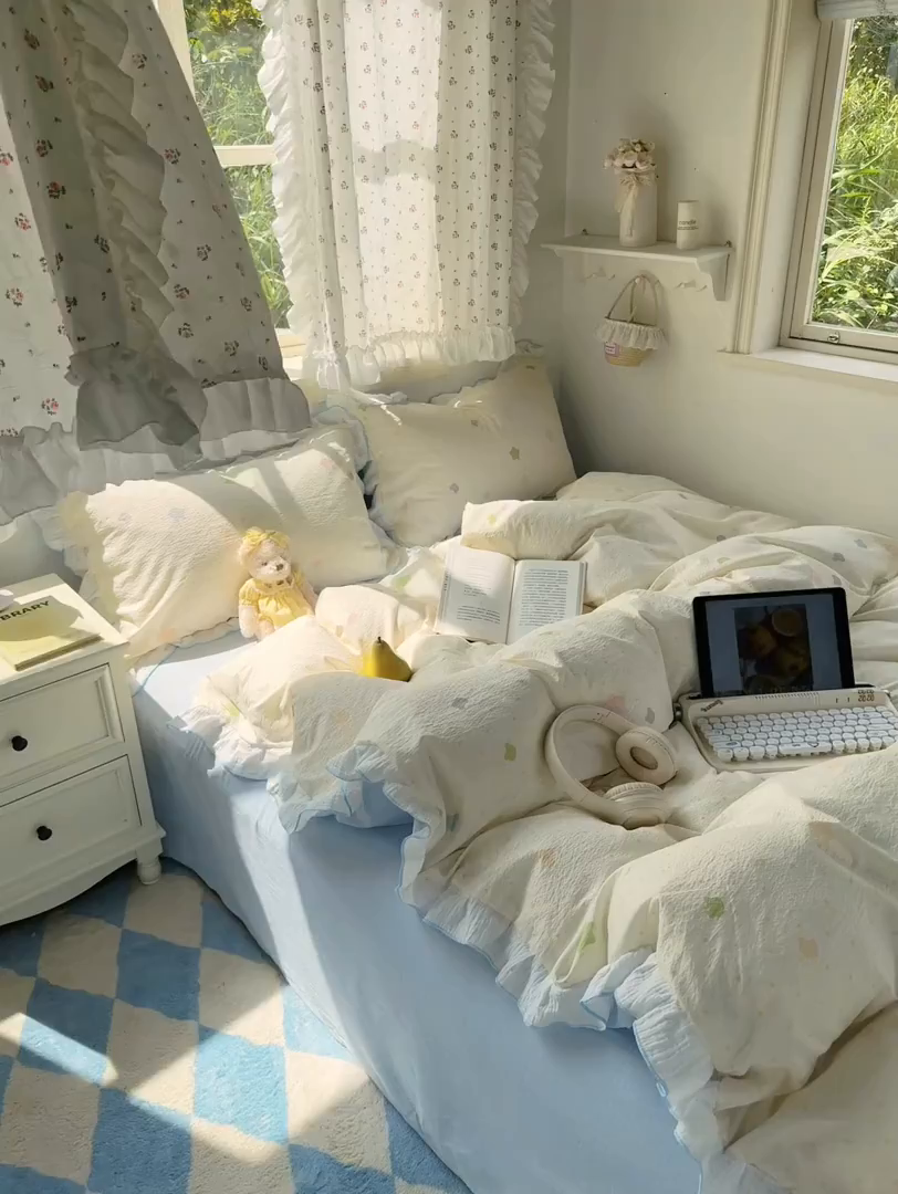 91家纺网 家纺一手货源 找家纺 繁花家居 2025新款高弹线云感木棉多层纱花边超软四件套 波点熊头