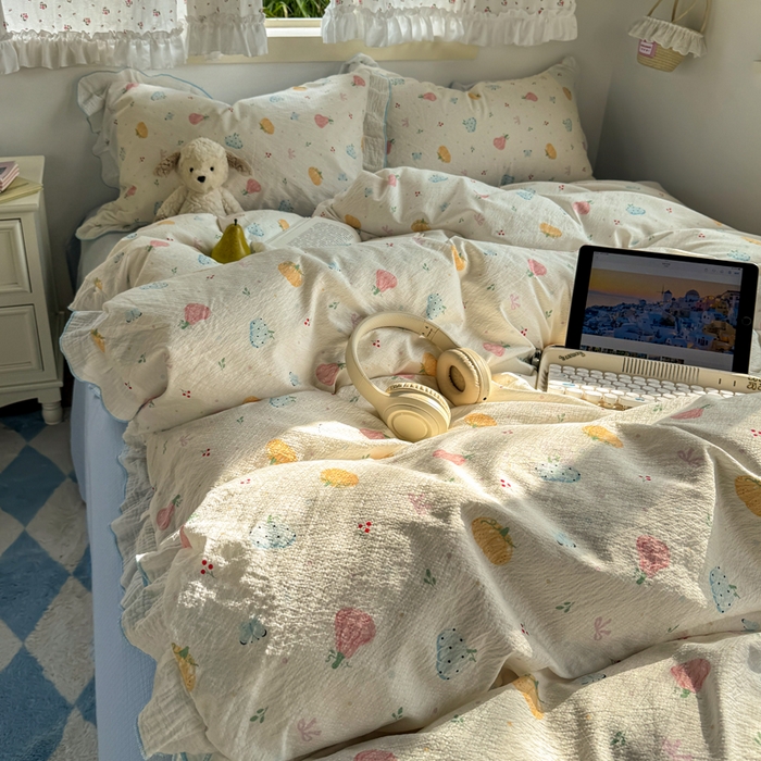 91家纺网 家纺一手货源 找家纺 （总）繁花家居 2025新款高弹线云感木棉多层纱花边超软四件套