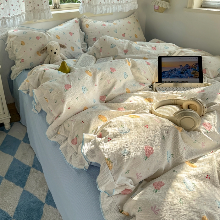 91家纺网 家纺一手货源 找家纺 （总）繁花家居 2025新款高弹线云感木棉多层纱花边超软四件套