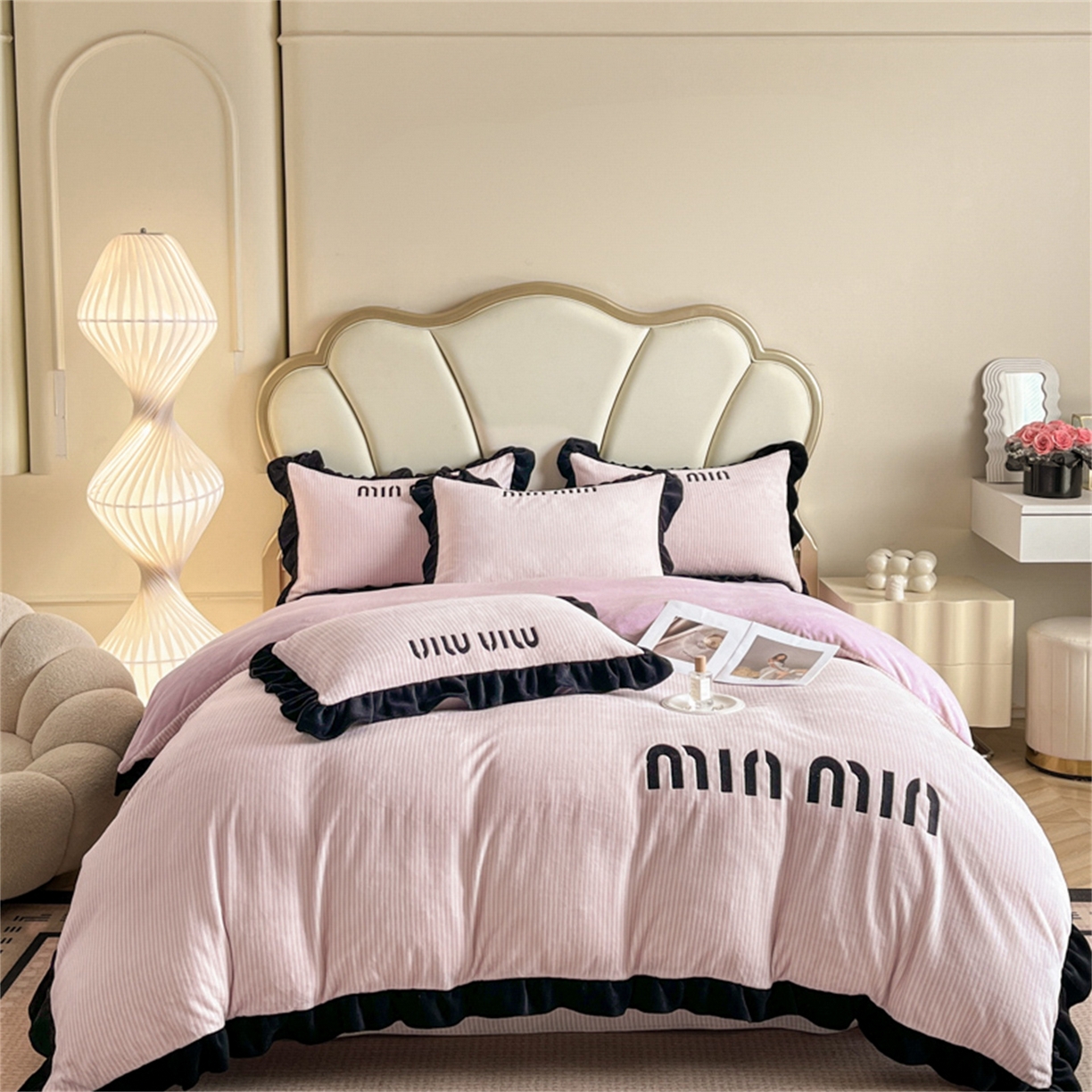 博纳 2025新款210克全消光牛奶绒绣花撞色花边吊边床单四件套-遇见 豆沙