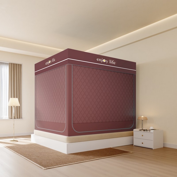 91家纺网 家纺一手货源 找家纺 卓尔居 2025新款坐床保暖罩夹棉一体式保暖蚊帐，夹棉蚊帐，冬季蚊帐 枣红