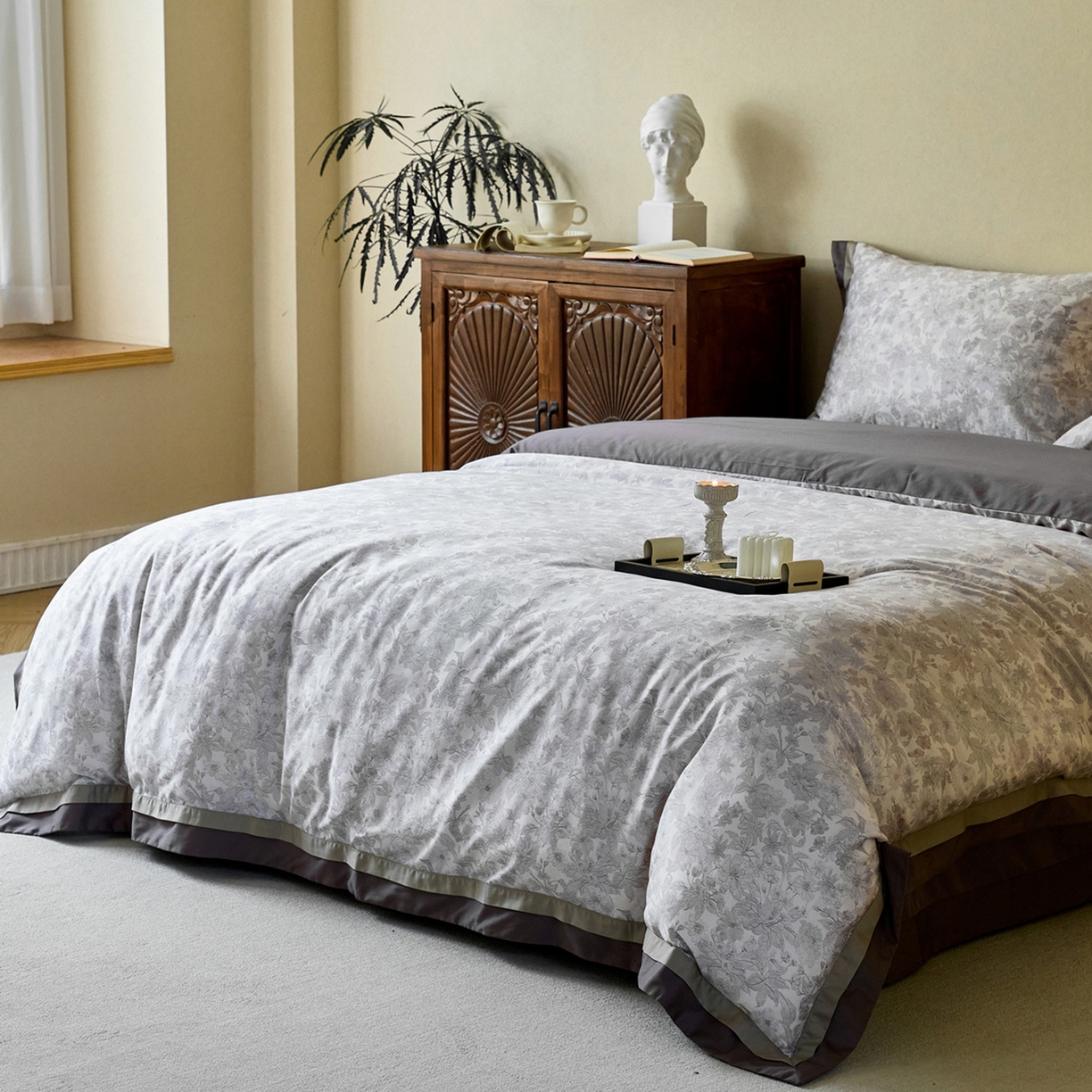 91家纺网 家纺一手货源 找家纺 由丽家纺 2025新款双层拼角数码印花四件套 控价券后399起 悦盈-灰