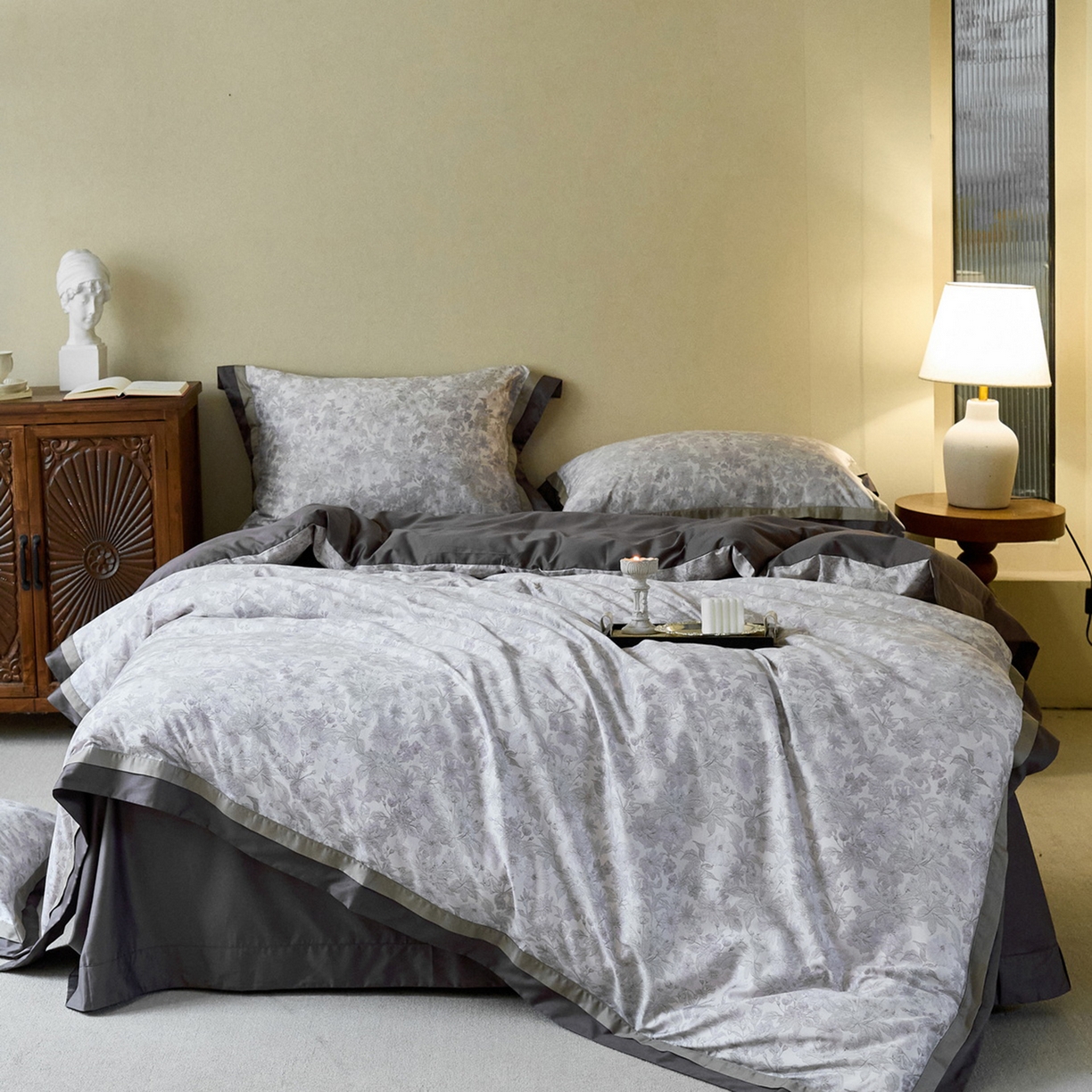 91家纺网 家纺一手货源 找家纺 由丽家纺 2025新款双层拼角数码印花四件套 控价券后399起 悦盈-灰