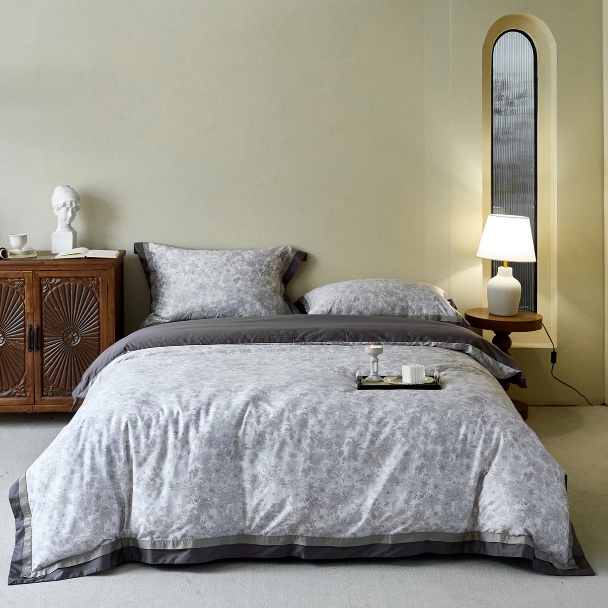 91家纺网 家纺一手货源 找家纺 由丽家纺 2025新款双层拼角数码印花四件套 控价券后399起 悦盈-灰