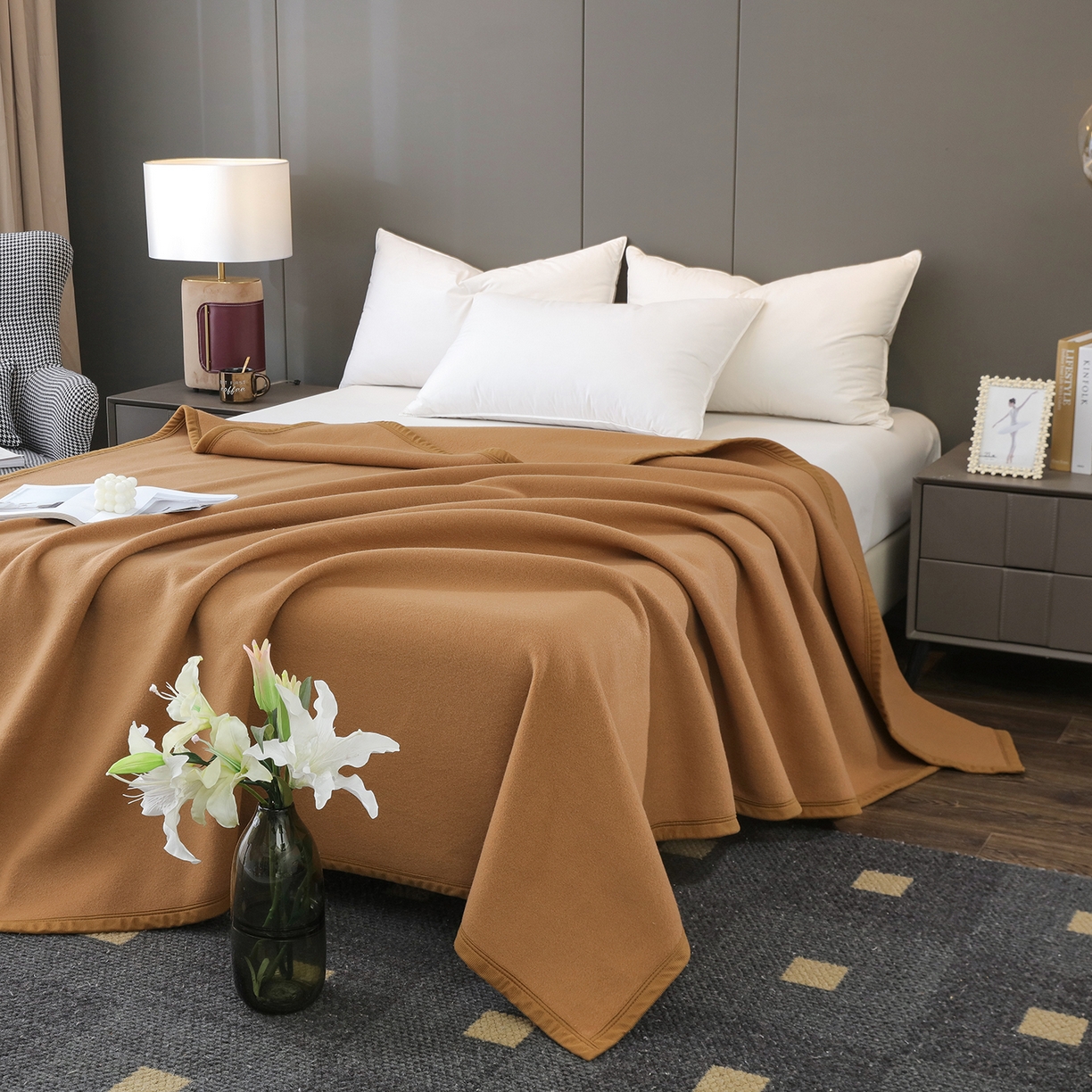 91家纺网 家纺一手货源 找家纺 （总）悦织湾家纺 2025新款双面绒宾馆酒店毯涤纶仿羊绒毯纯色驼色毛毯可供跨境可开专票可定制颜色尺寸