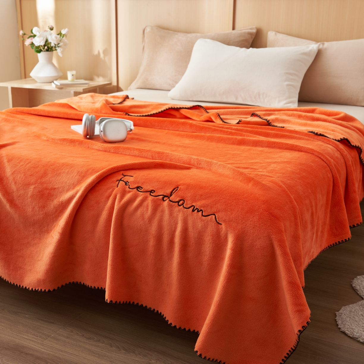 91家纺网 家纺一手货源 找家纺 艾佳 2025A类加厚双面牛奶绒多功能四季毯-绣花毛毯 绣花-爱玛暖橙