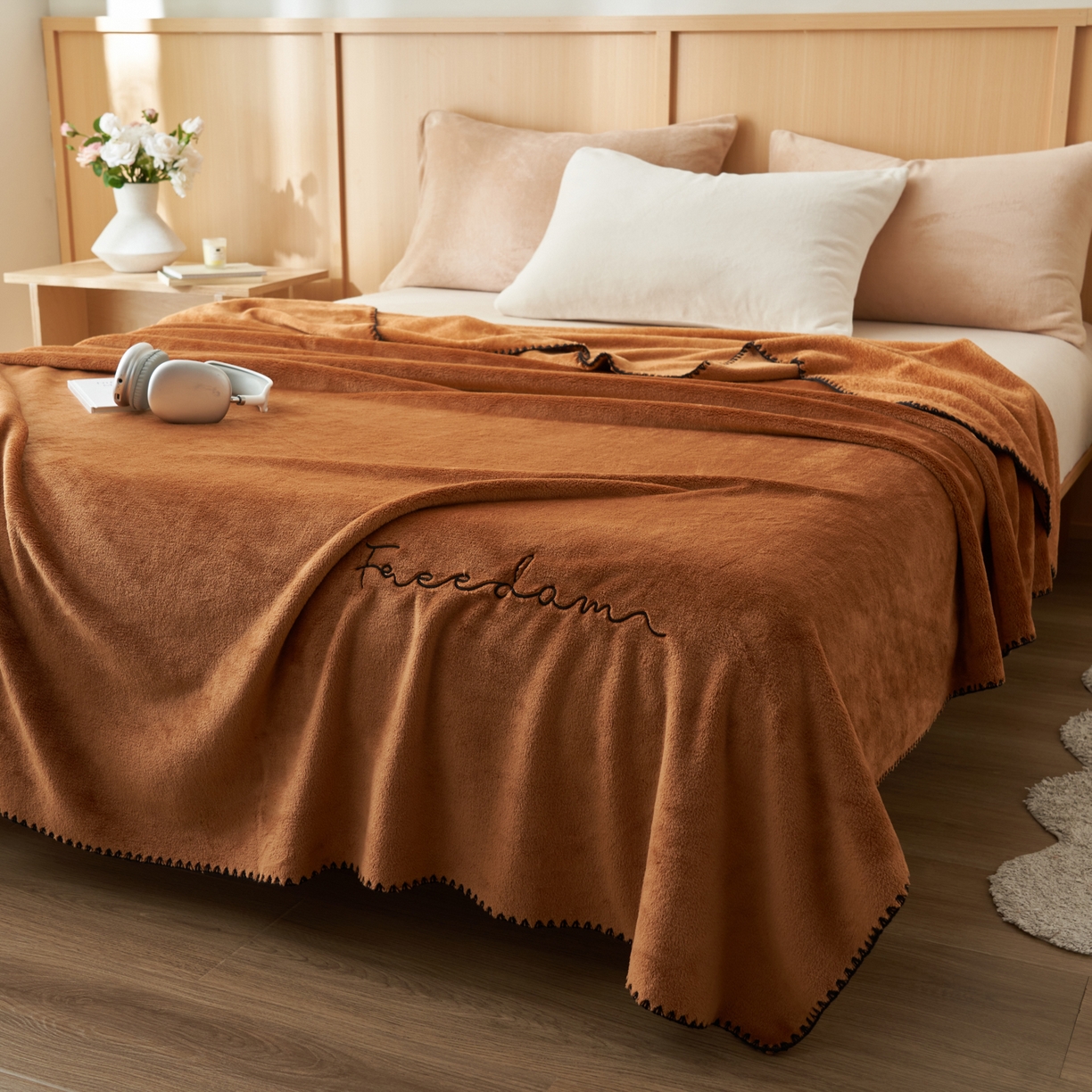 91家纺网 家纺一手货源 找家纺 艾佳 2025A类加厚双面牛奶绒多功能四季毯-绣花毛毯 绣花-布朗棕