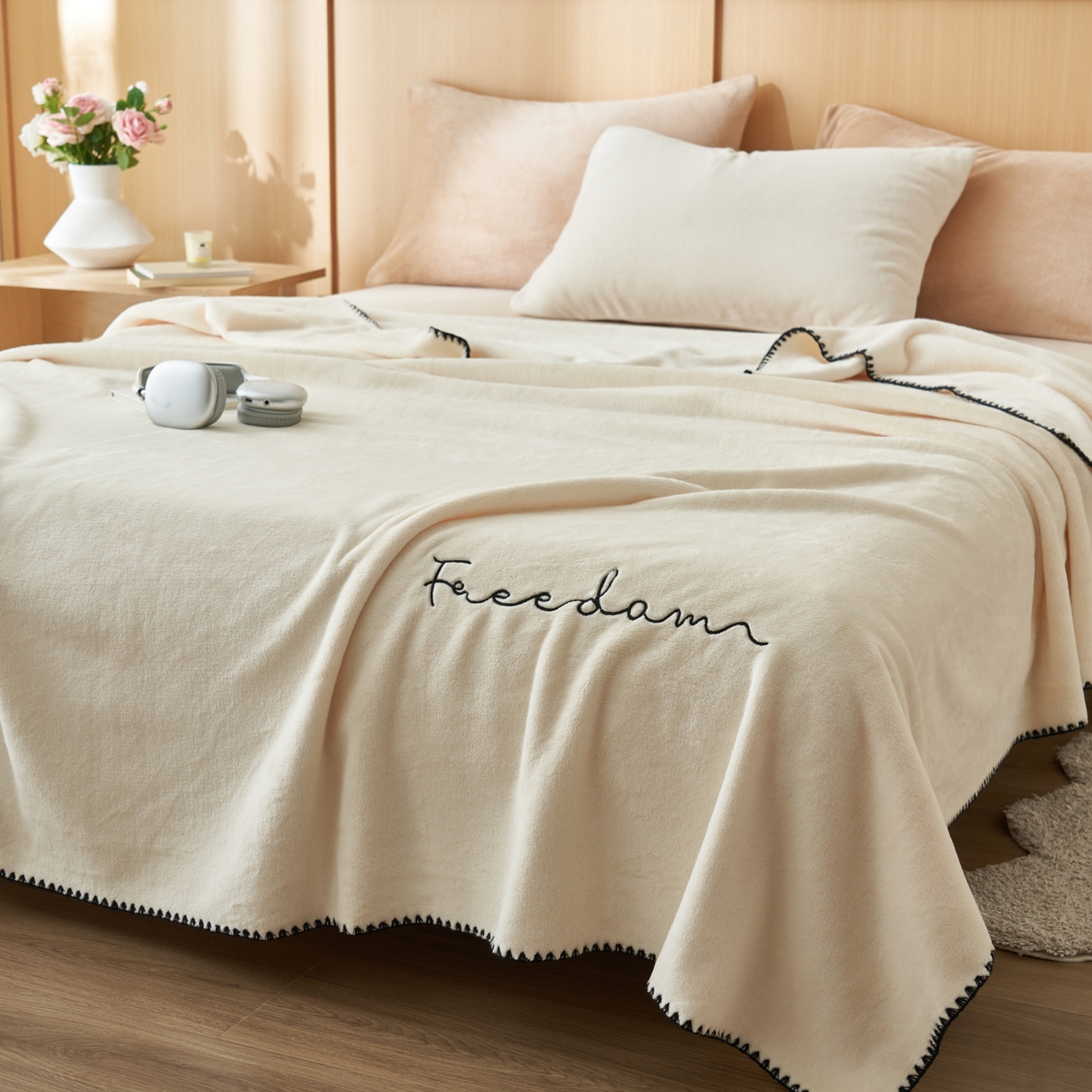 91家纺网 家纺一手货源 找家纺 艾佳 2025A类加厚双面牛奶绒多功能四季毯-绣花毛毯 绣花-奶香白