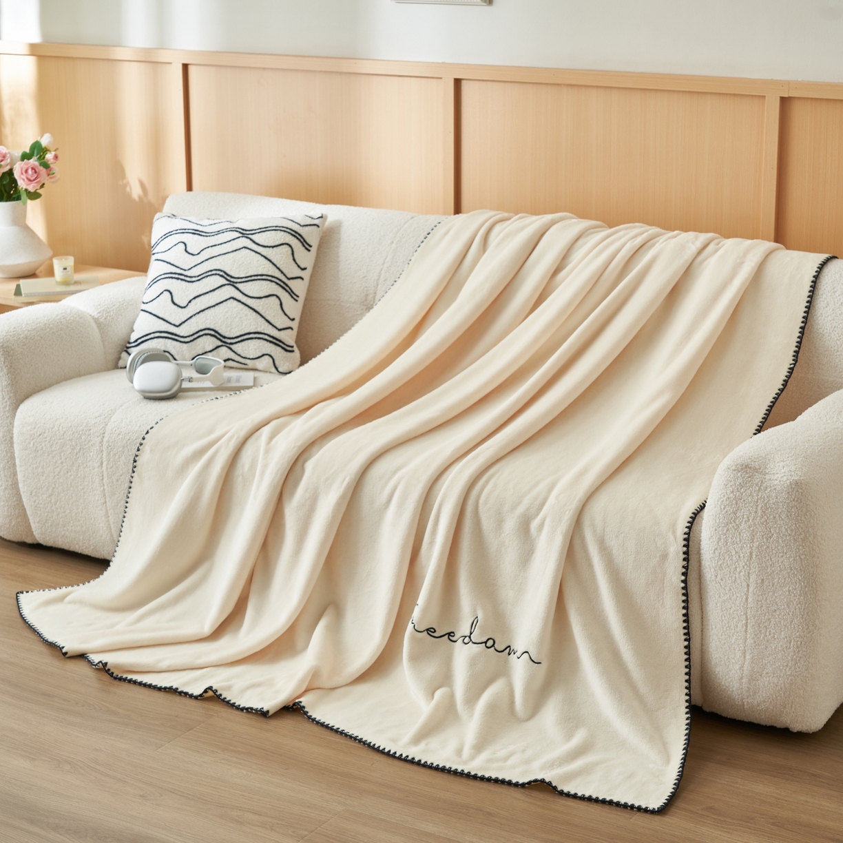 91家纺网 家纺一手货源 找家纺 艾佳 2025A类加厚双面牛奶绒多功能四季毯-绣花毛毯 绣花-奶香白