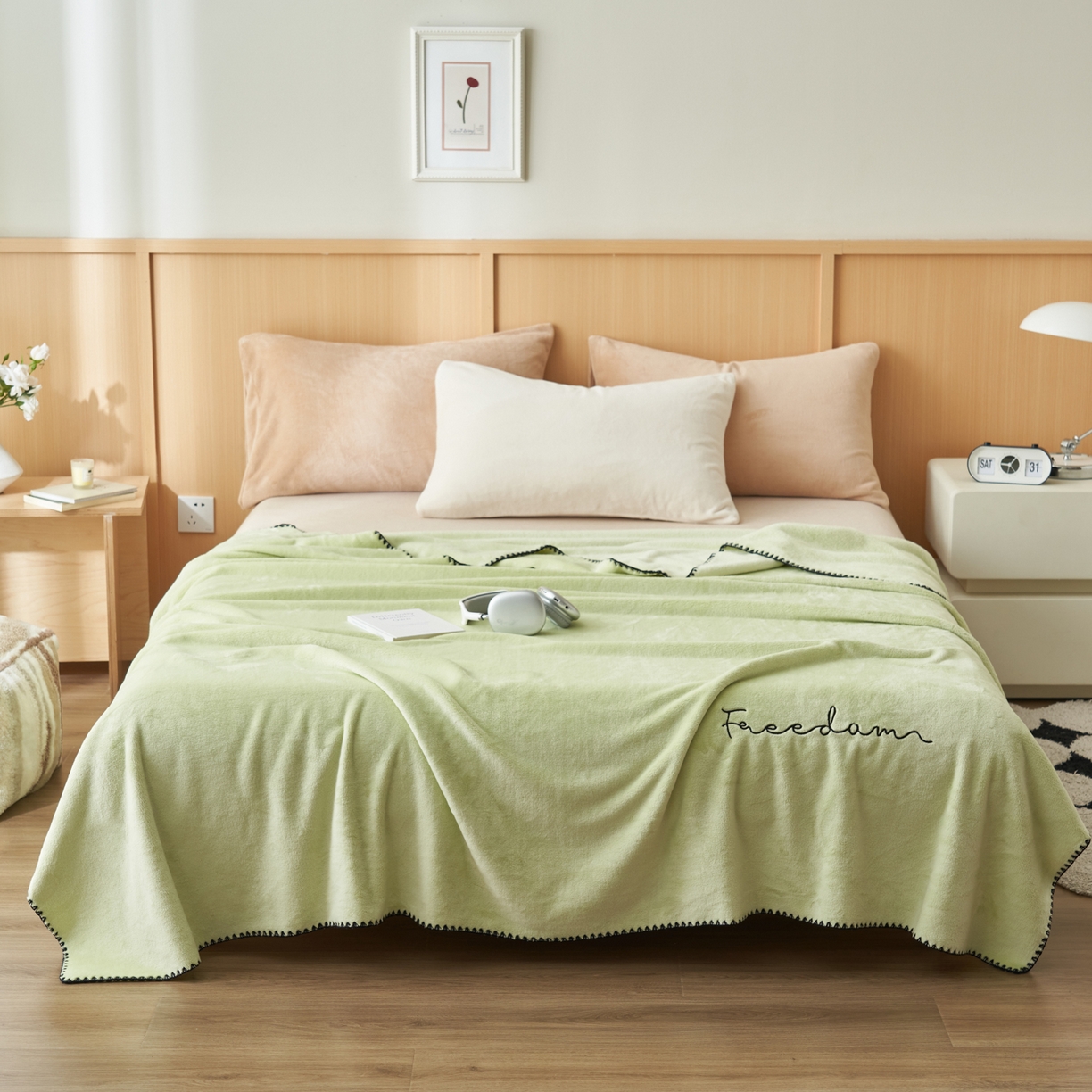 91家纺网 家纺一手货源 找家纺 艾佳 2025A类加厚双面牛奶绒多功能四季毯-绣花毛毯 绣花-青柠奶绿