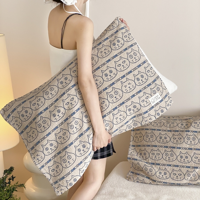 91家纺网 家纺一手货源 找家纺 麻依 2025新款安心棉枕巾四层全棉纱布枕头皮 搞怪猫