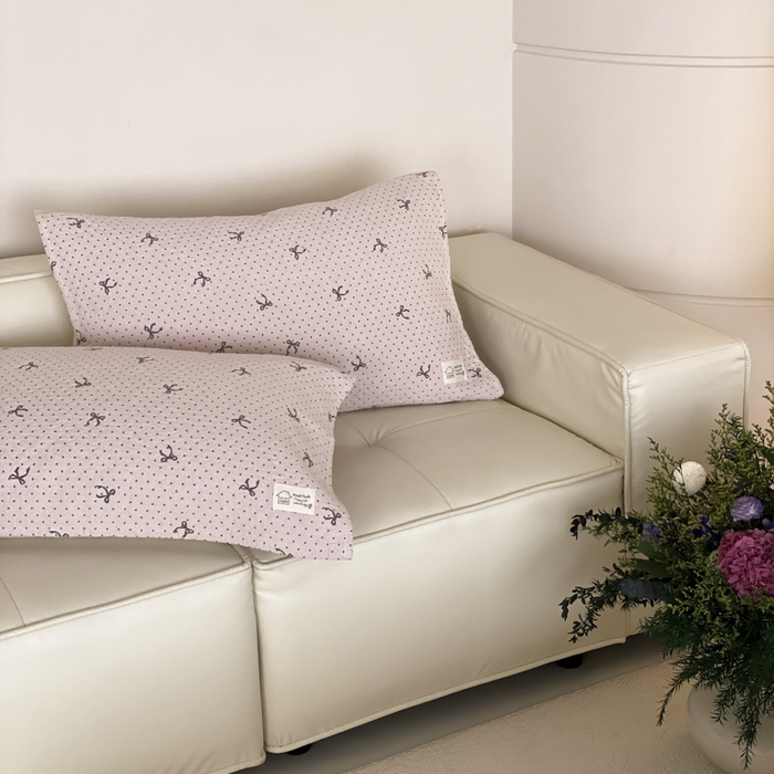 91家纺网 家纺一手货源 找家纺 麻依 2025新款安心棉枕巾四层全棉纱布枕头皮 点点蝴蝶结-粉