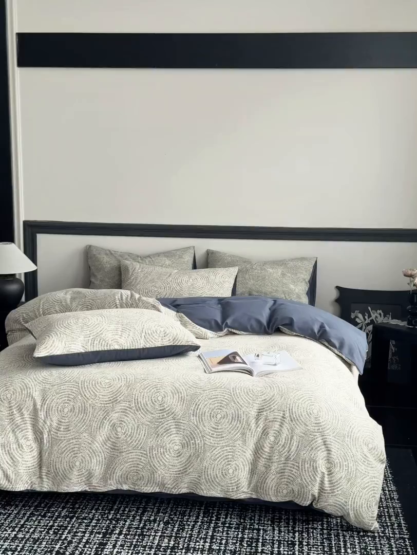 91家纺网 家纺一手货源 找家纺 红淳家纺 2025新款全棉加厚磨毛四件套 韵律-蓝