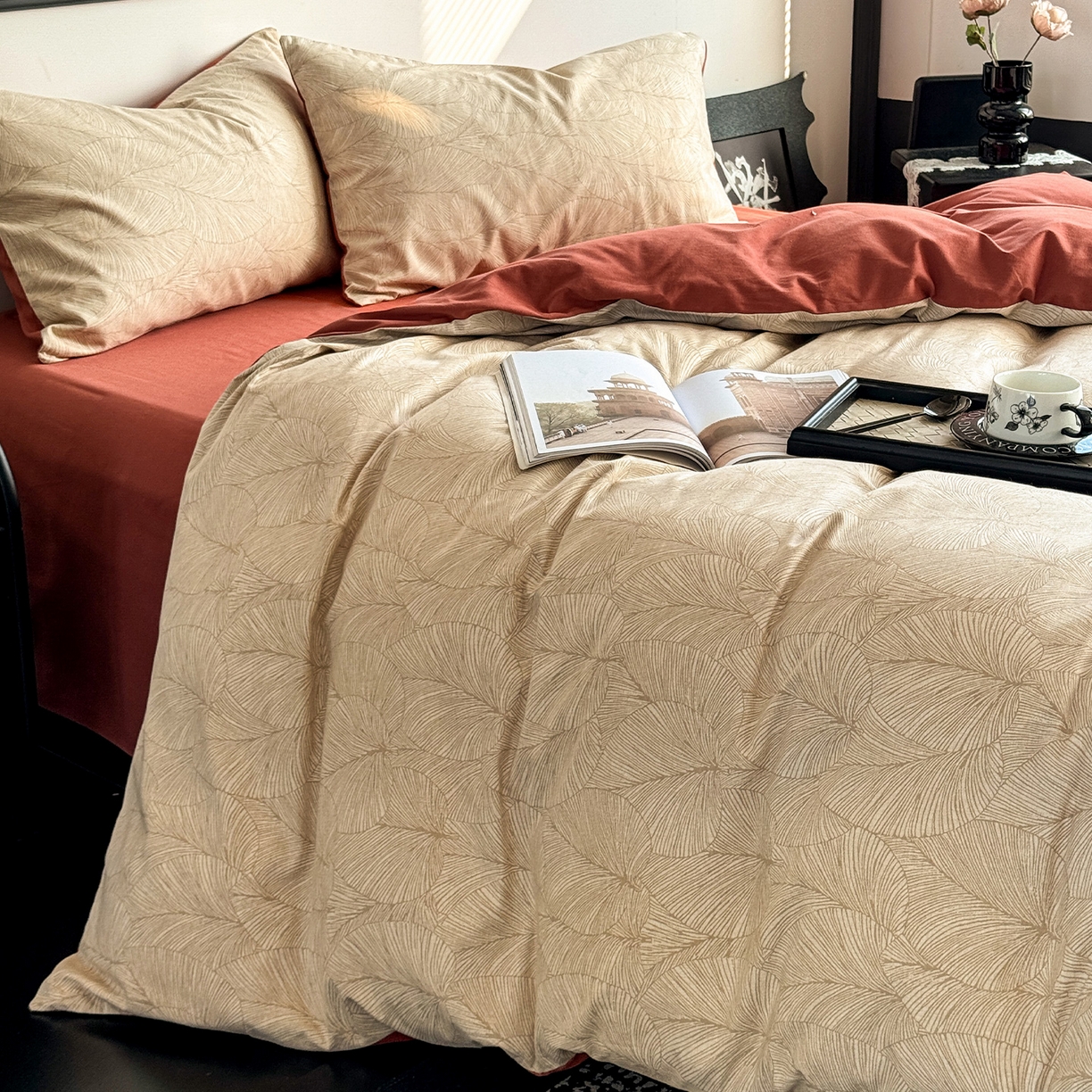 91家纺网 家纺一手货源 找家纺 红淳家纺 2025新款全棉加厚磨毛四件套 秋意-桔