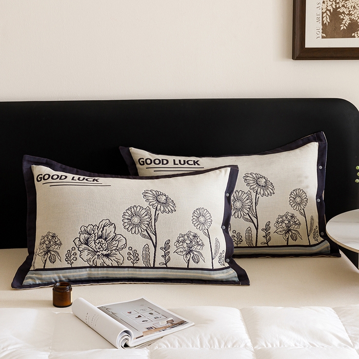 91家纺网 家纺一手货源 找家纺 悦然毛巾被 2025新款全棉四层提花纱布美拉德凤格枕套 素布花蓝