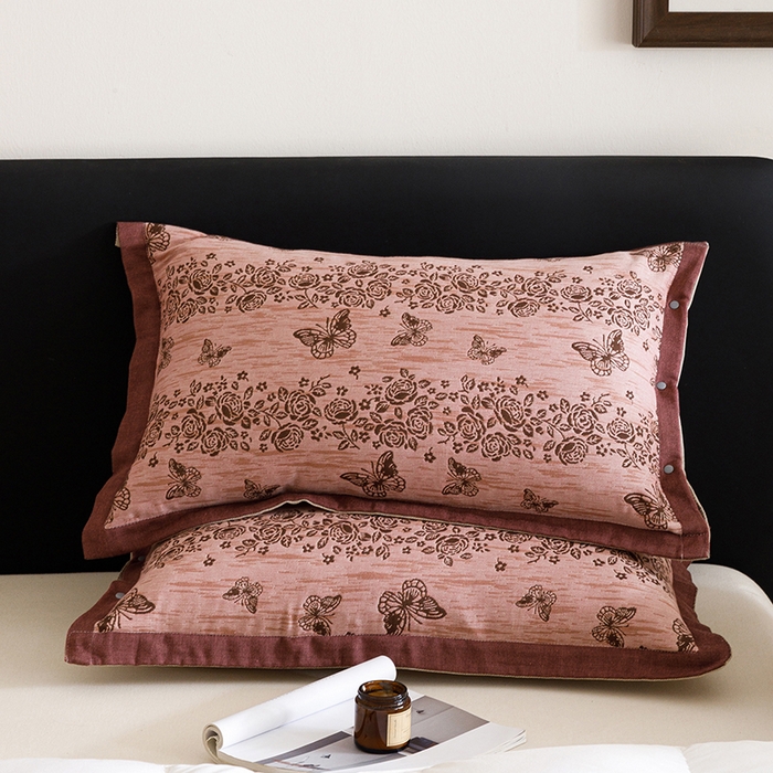 悦然毛巾被 2025新款全棉四层提花纱布美拉德凤格枕套 花蝶红