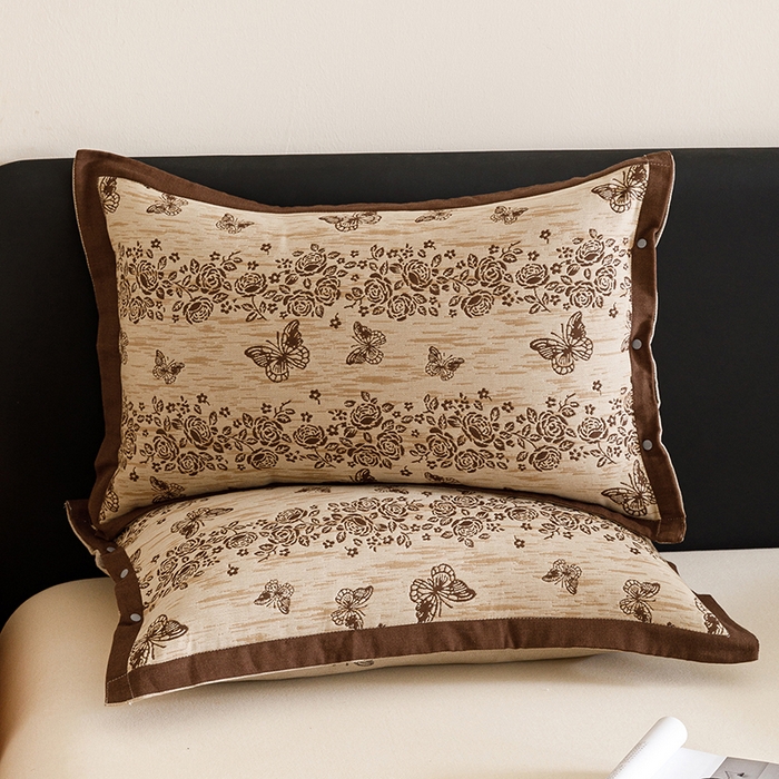 悦然毛巾被 2025新款全棉四层提花纱布美拉德凤格枕套 花蝶咖