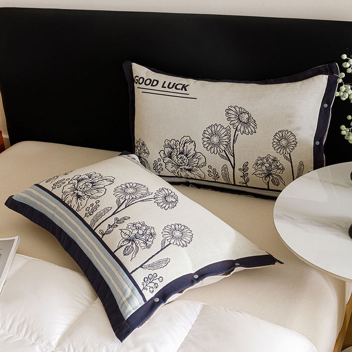 91家纺网 家纺一手货源 找家纺 悦然毛巾被 2025新款全棉四层提花纱布美拉德凤格枕套 素布花蓝