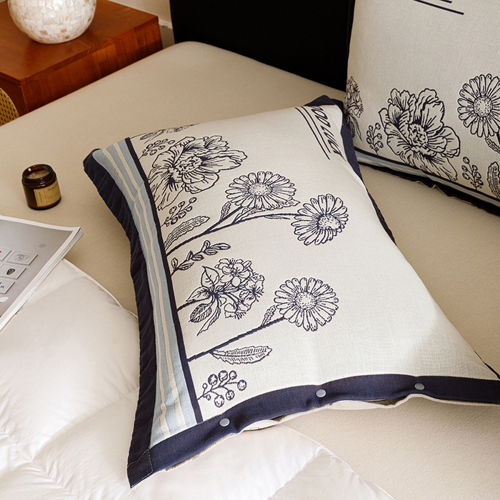 91家纺网 家纺一手货源 找家纺 悦然毛巾被 2025新款全棉四层提花纱布美拉德凤格枕套 素布花蓝