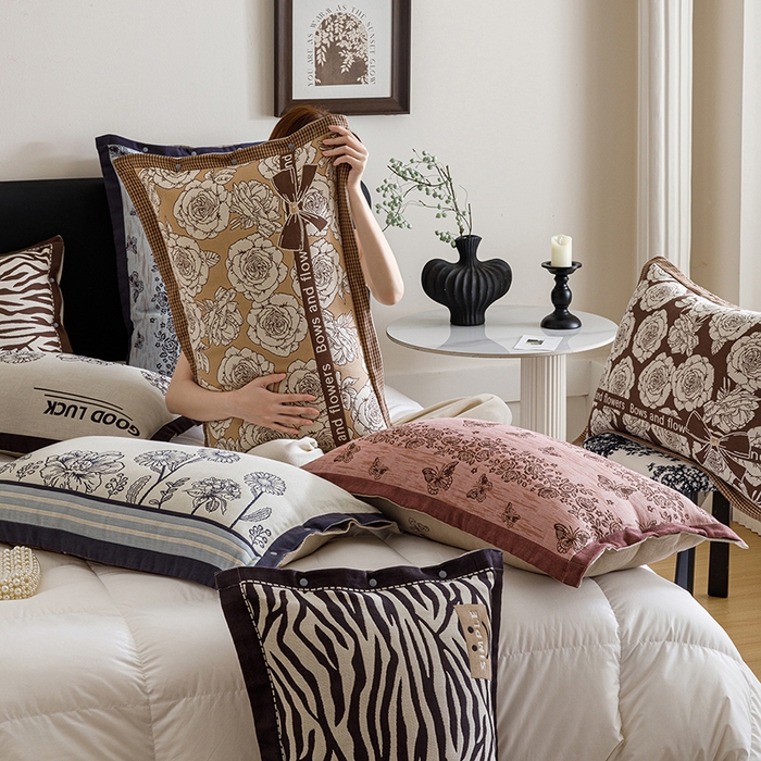 91家纺网 家纺一手货源 找家纺 悦然毛巾被 2025新款全棉四层提花纱布美拉德凤格枕套 组合