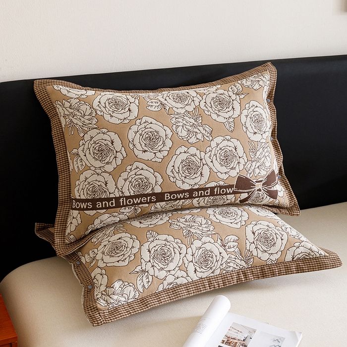 悦然毛巾被 2025新款全棉四层提花纱布美拉德凤格枕套 玫瑰格调咖