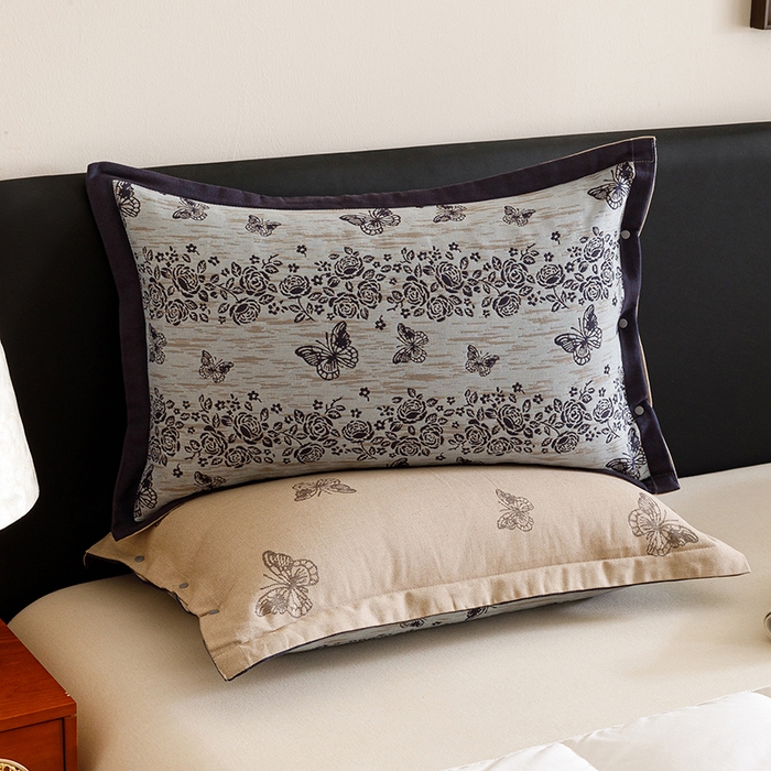 悦然毛巾被 2025新款全棉四层提花纱布美拉德凤格枕套 花蝶蓝