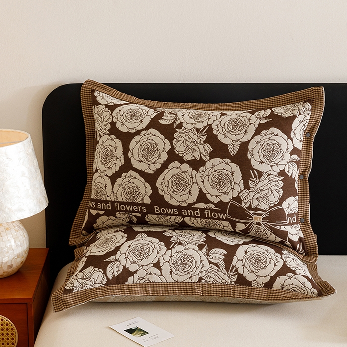 悦然毛巾被 2025新款全棉四层提花纱布美拉德凤格枕套 玫瑰格调棕