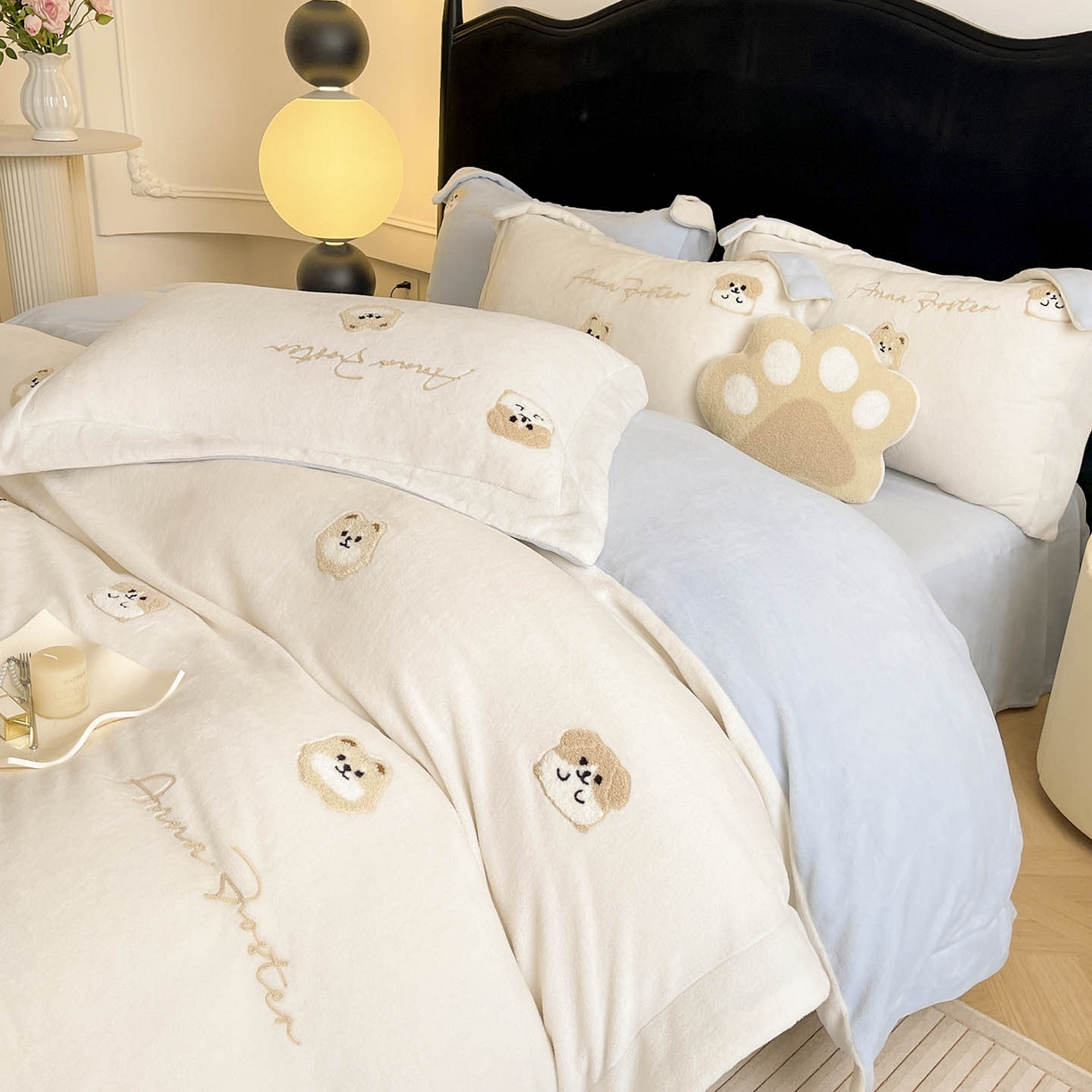 91家纺网 家纺一手货源 找家纺  2025新款A类双面加厚保暖加绒宝宝绒刺绣被套床单卡通可爱床上用品牛奶绒四件套-元气萌宝 元气萌宝-米蓝