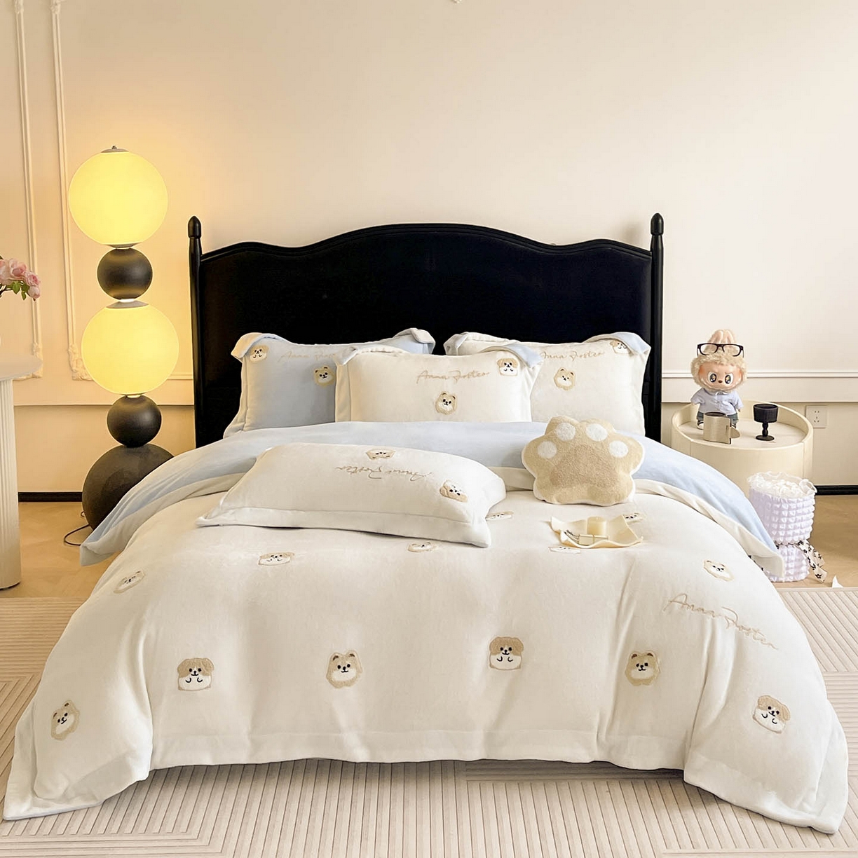 91家纺网 家纺一手货源 找家纺  2025新款A类双面加厚保暖加绒宝宝绒刺绣被套床单卡通可爱床上用品牛奶绒四件套-元气萌宝 元气萌宝-米蓝