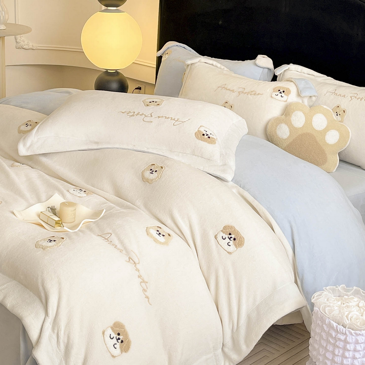  2025新款A类双面加厚保暖加绒宝宝绒刺绣被套床单卡通可爱床上用品牛奶绒四件套-元气萌宝 元气萌宝-米蓝