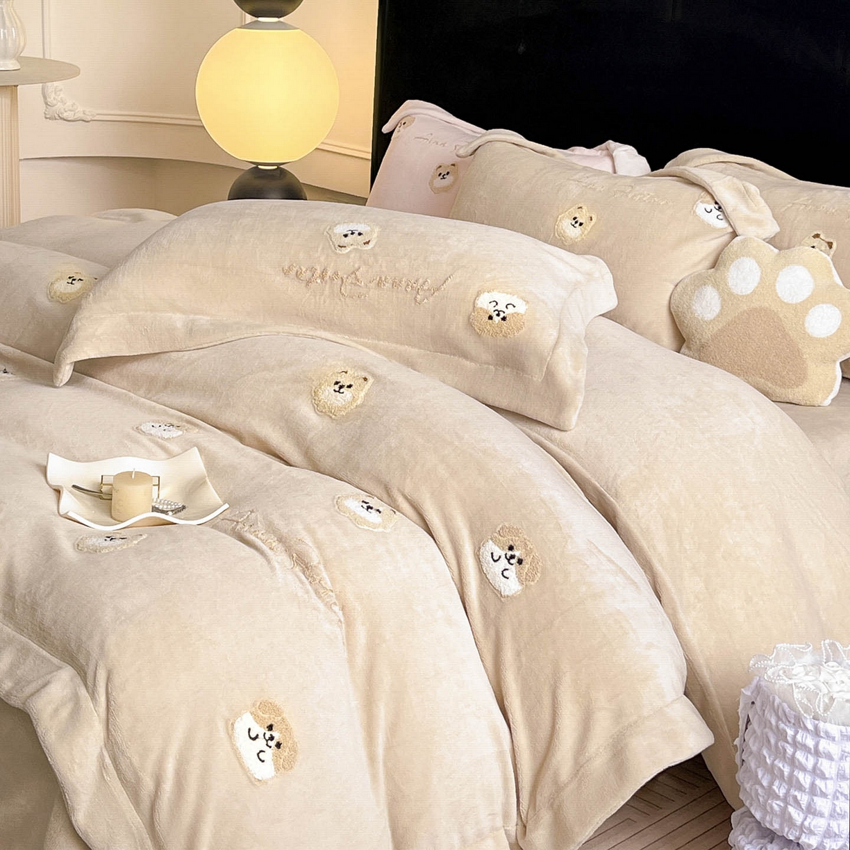  2025新款A类双面加厚保暖加绒宝宝绒刺绣被套床单卡通可爱床上用品牛奶绒四件套-元气萌宝 元气萌宝-暖棕