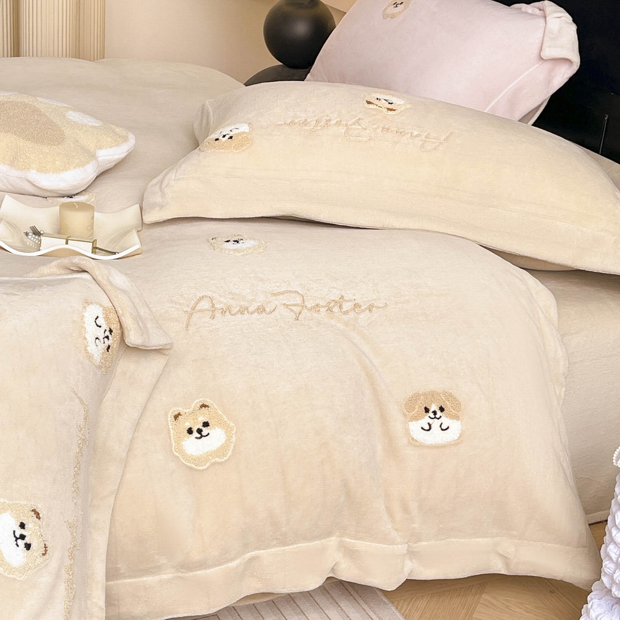 91家纺网 家纺一手货源 找家纺  2025新款A类双面加厚保暖加绒宝宝绒刺绣被套床单卡通可爱床上用品牛奶绒四件套-元气萌宝 元气萌宝-暖棕