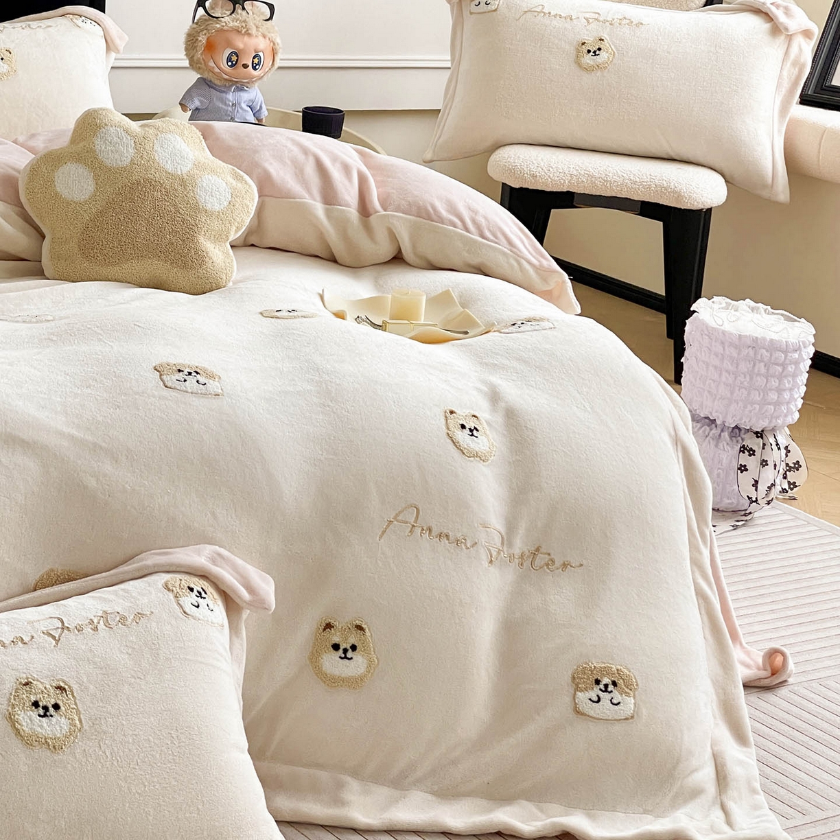 91家纺网 家纺一手货源 找家纺 （总）乔利卡沃 2025新款A类双面加厚保暖加绒宝宝绒刺绣被套床单卡通可爱床上用品牛奶绒四件套-元气萌宝