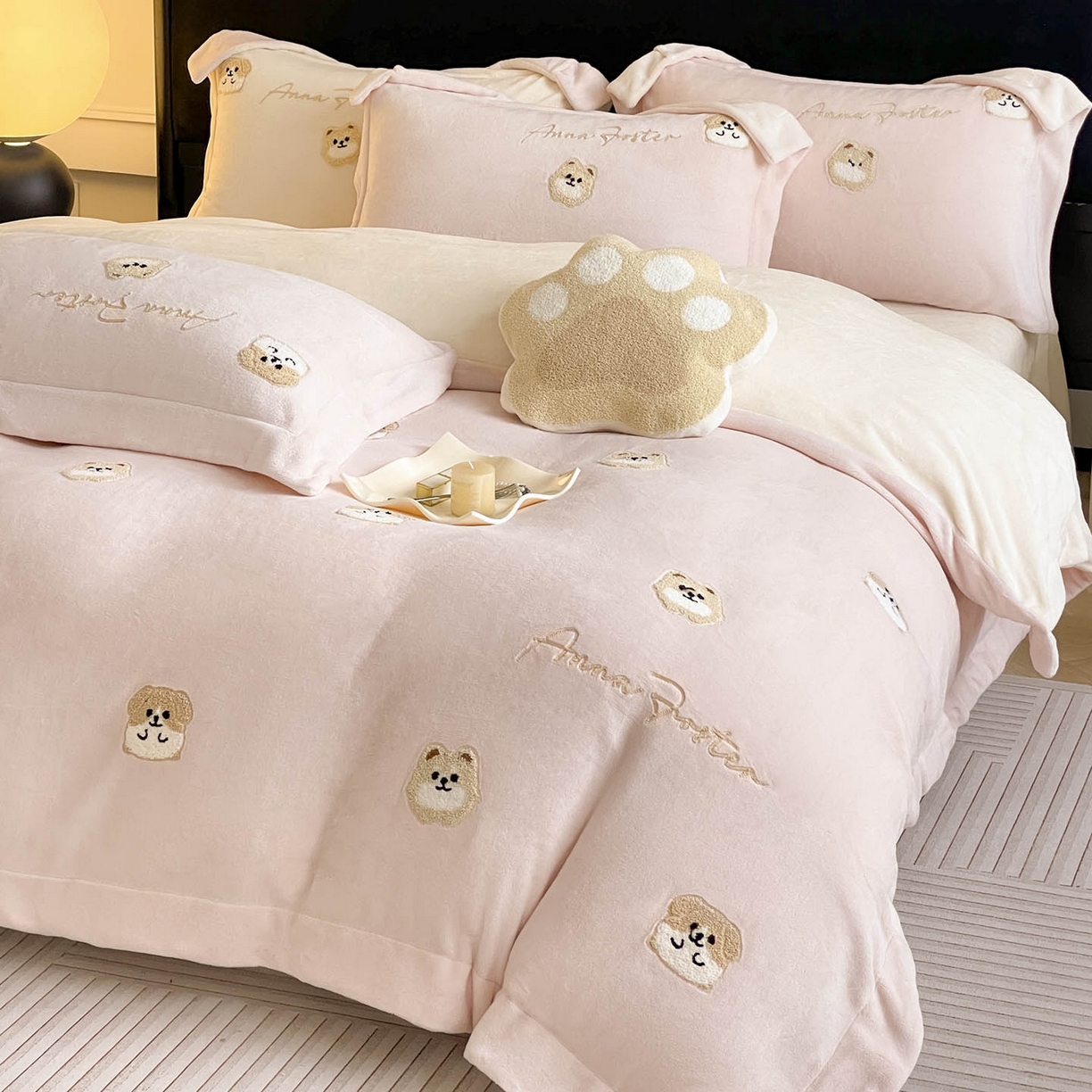  2025新款A类双面加厚保暖加绒宝宝绒刺绣被套床单卡通可爱床上用品牛奶绒四件套-元气萌宝 元气萌宝-粉米