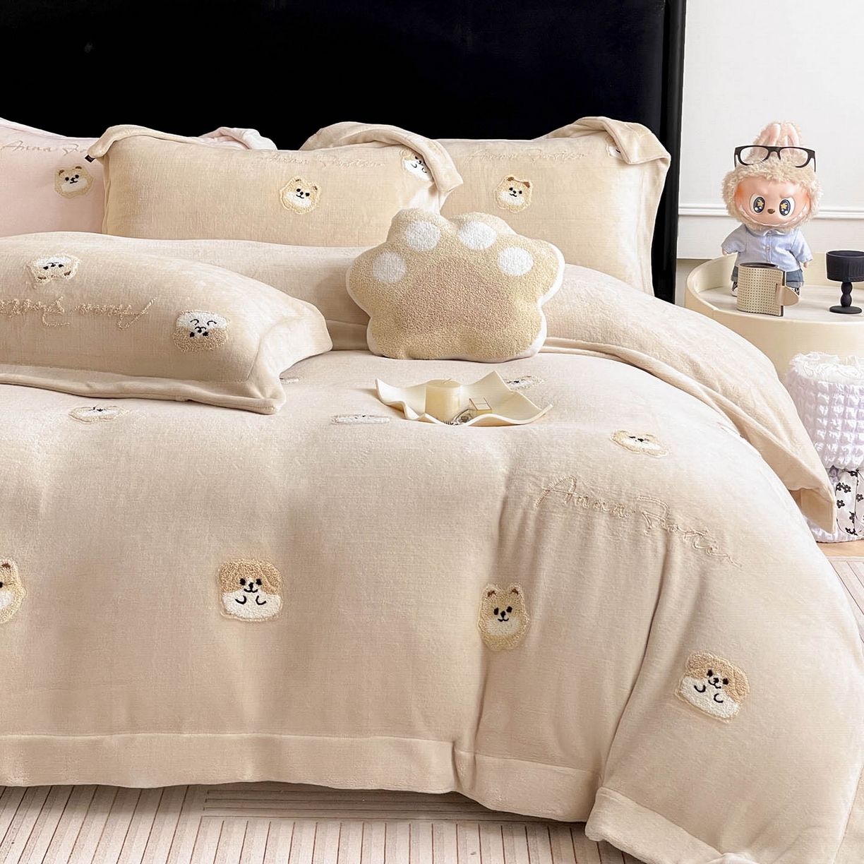 91家纺网 家纺一手货源 找家纺  2025新款A类双面加厚保暖加绒宝宝绒刺绣被套床单卡通可爱床上用品牛奶绒四件套-元气萌宝 元气萌宝-暖棕
