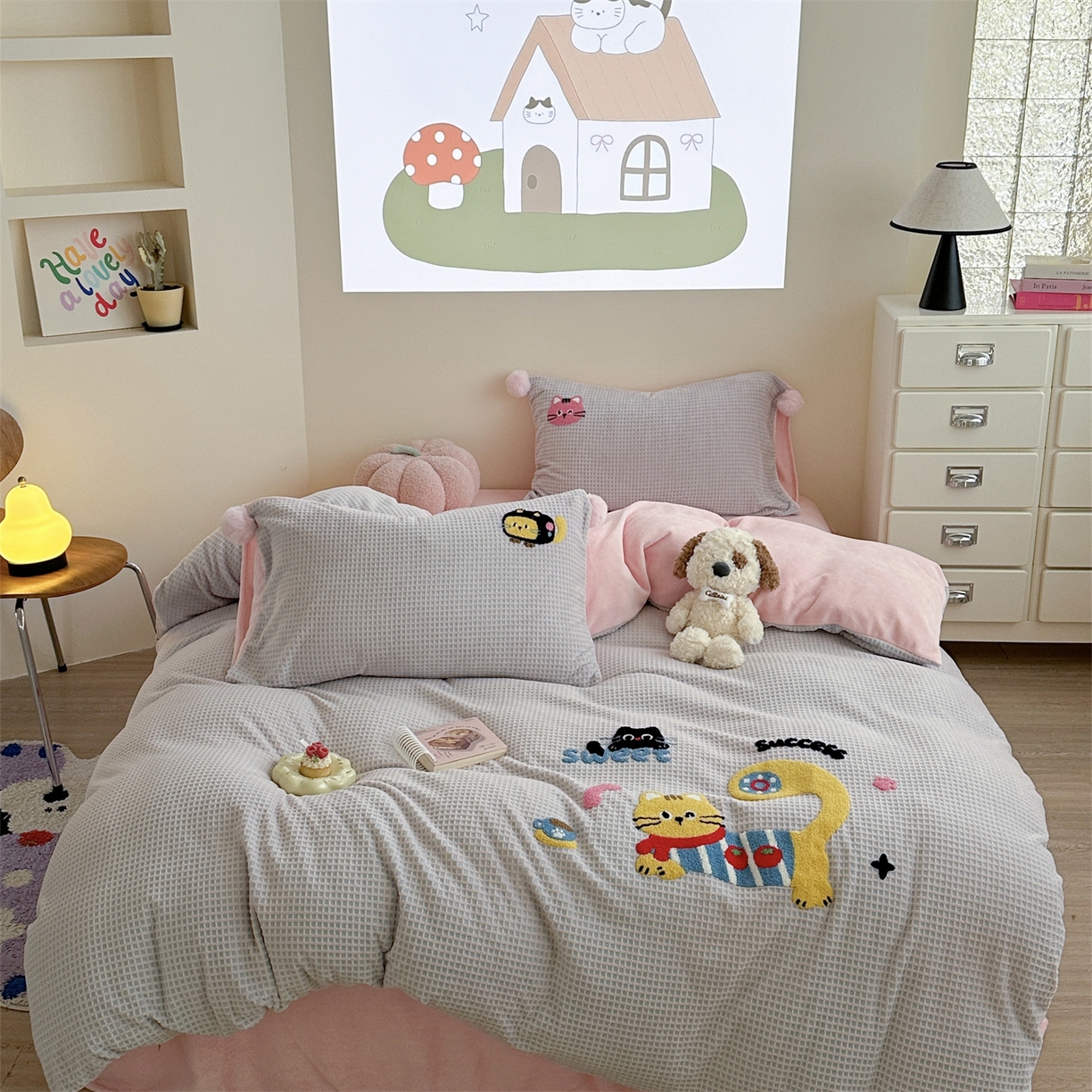 91家纺网 家纺一手货源 找家纺 （总）柚子YOUTH 2025新款华夫格提花绒刺绣四件套