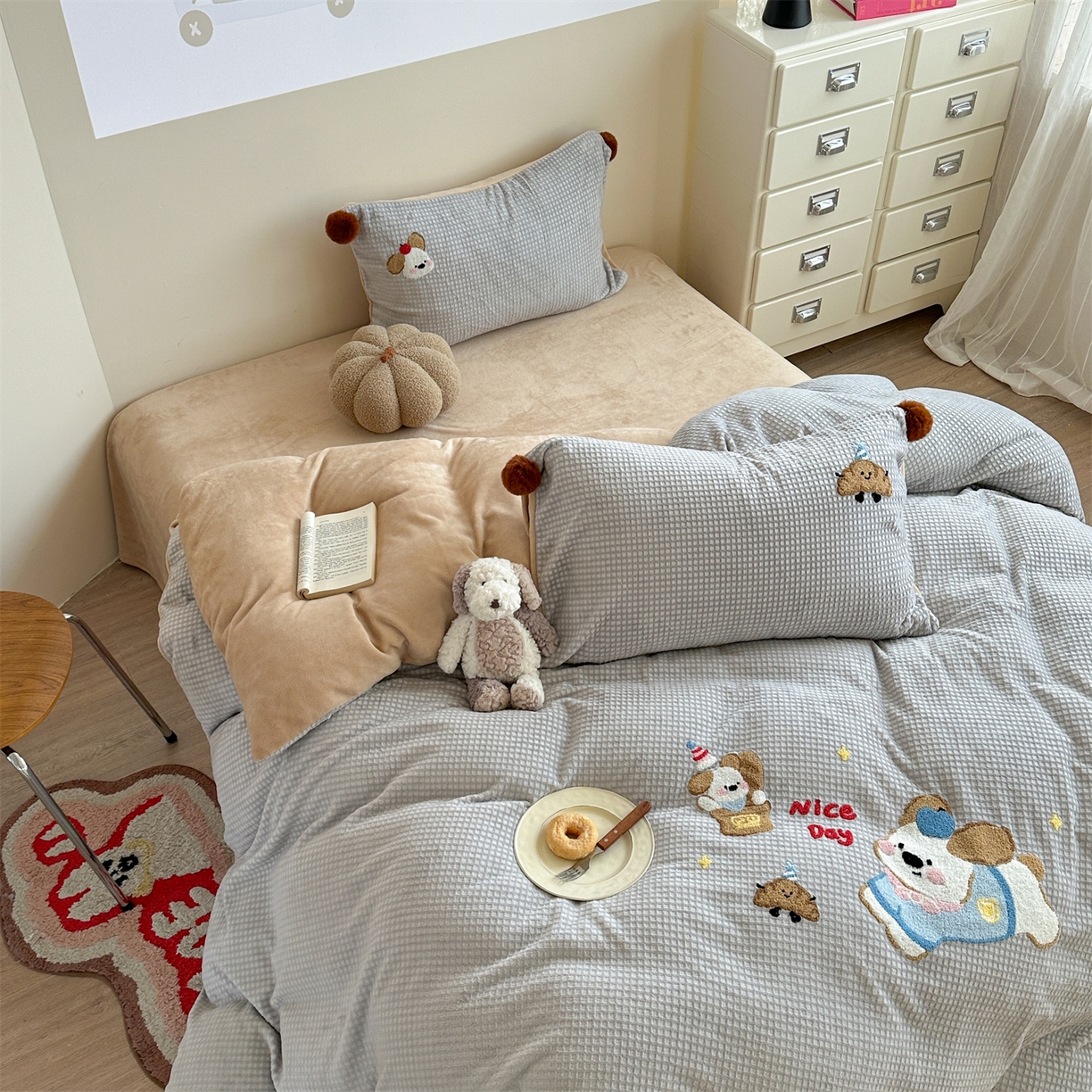 91家纺网 家纺一手货源 找家纺 （总）柚子YOUTH 2025新款华夫格提花绒刺绣四件套