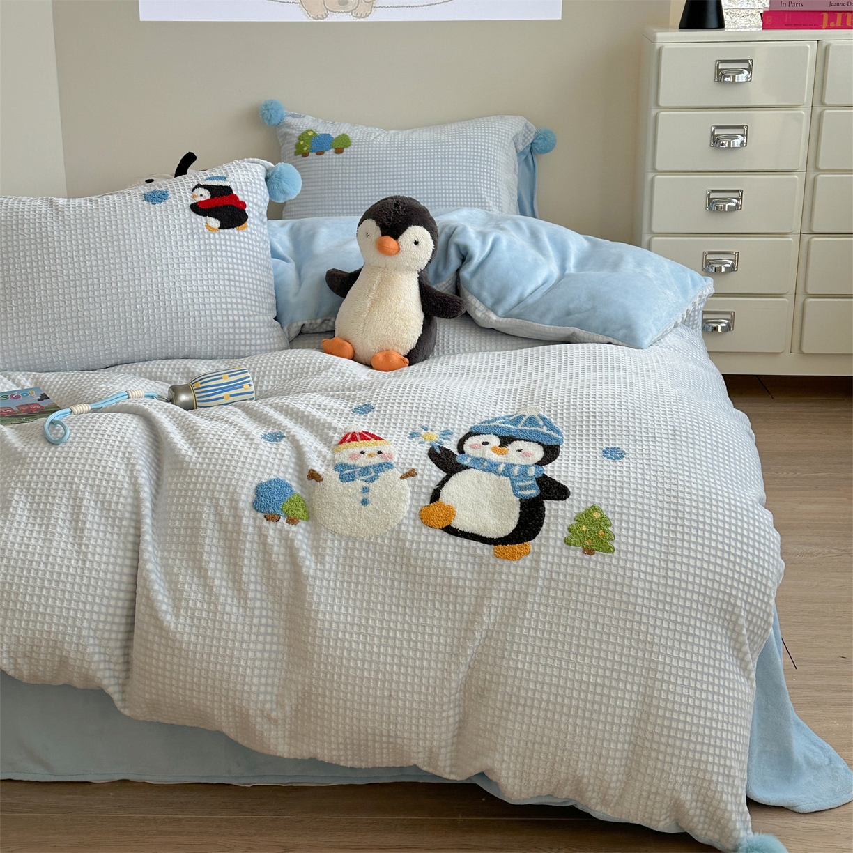 91家纺网 家纺一手货源 找家纺 柚子YOUTH 2025新款华夫格提花绒刺绣四件套 冰雪世界