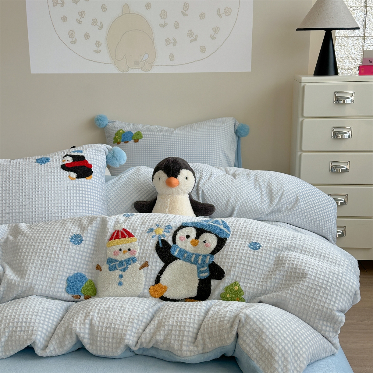 91家纺网 家纺一手货源 找家纺 柚子YOUTH 2025新款华夫格提花绒刺绣四件套 冰雪世界