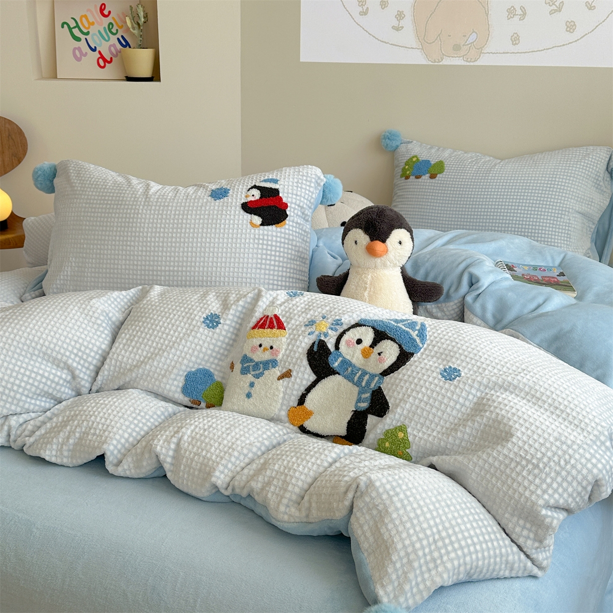 91家纺网 家纺一手货源 找家纺 柚子YOUTH 2025新款华夫格提花绒刺绣四件套 冰雪世界