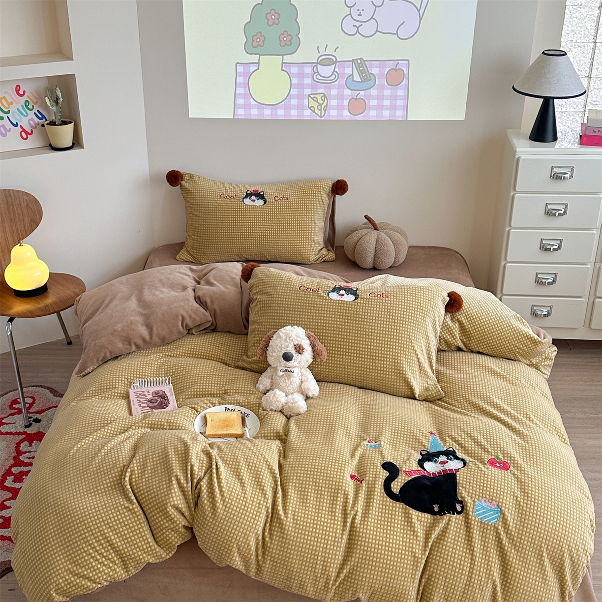 柚子YOUTH 2025新款华夫格提花绒刺绣四件套 黑猫的礼物