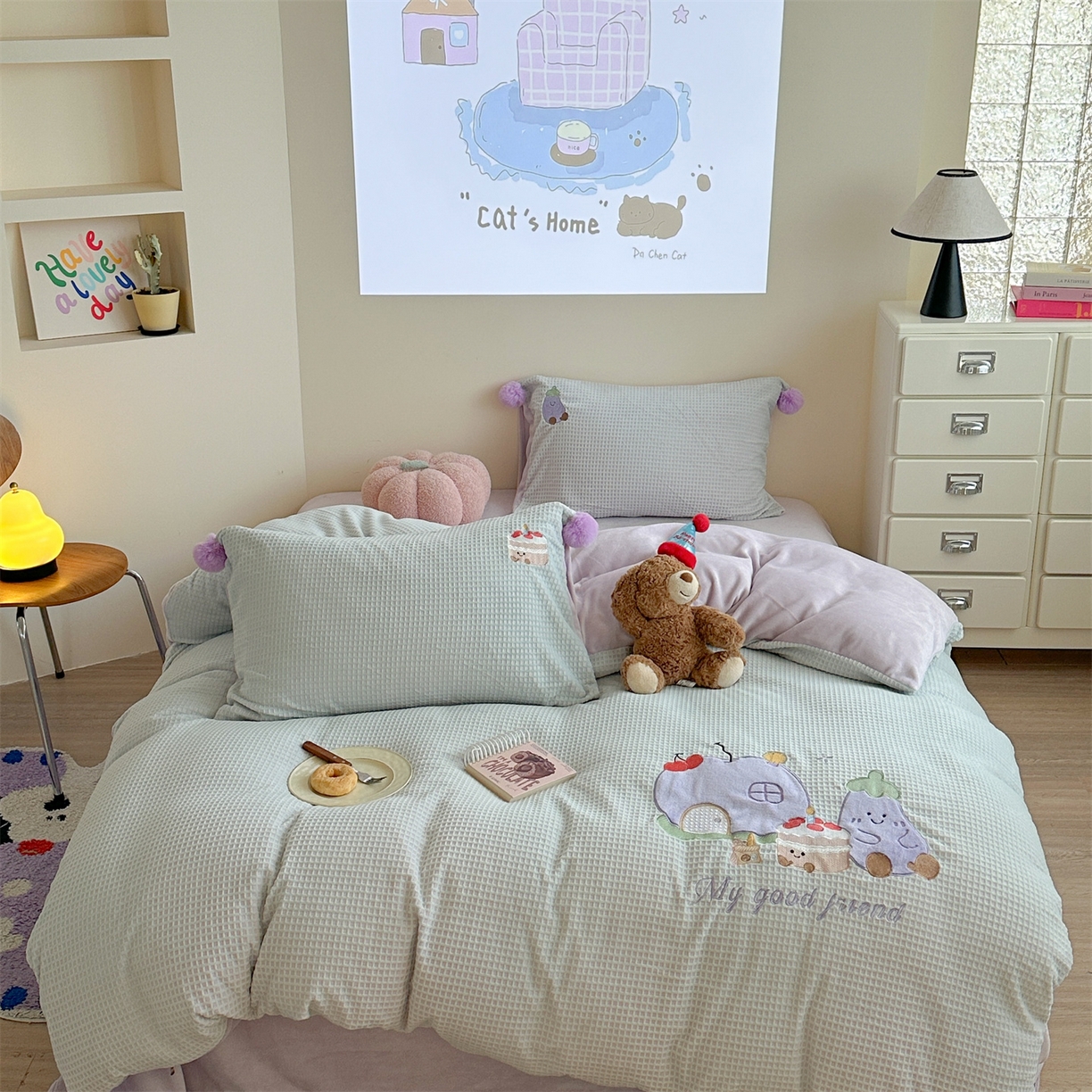 柚子YOUTH 2025新款华夫格提花绒刺绣四件套 茄子蛋糕屋