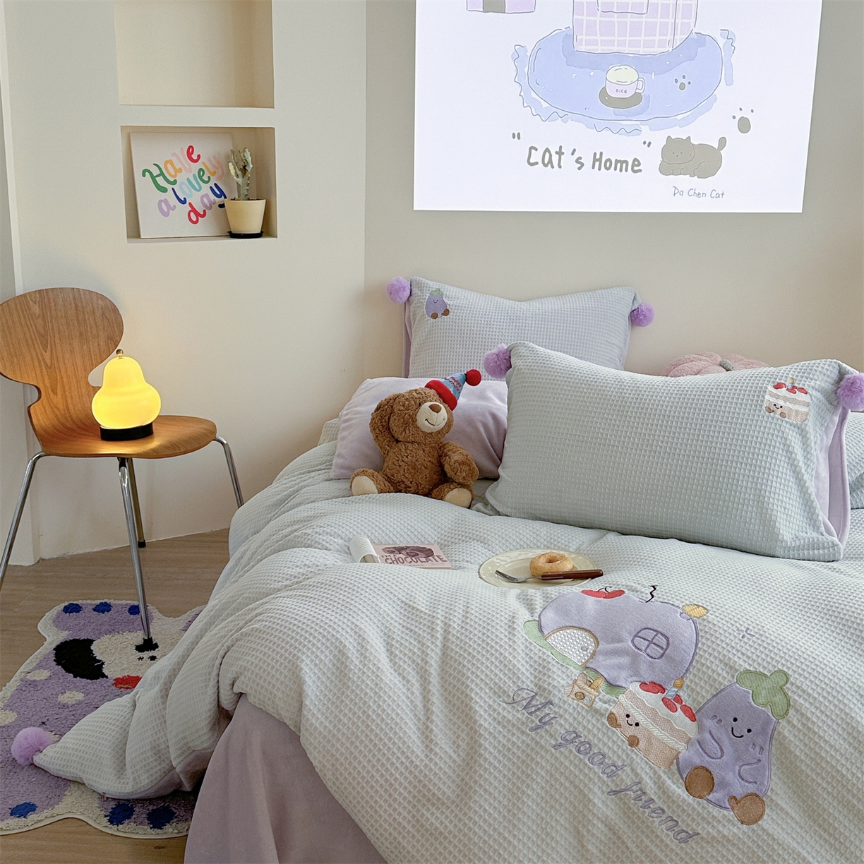 91家纺网 家纺一手货源 找家纺 柚子YOUTH 2025新款华夫格提花绒刺绣四件套 茄子蛋糕屋