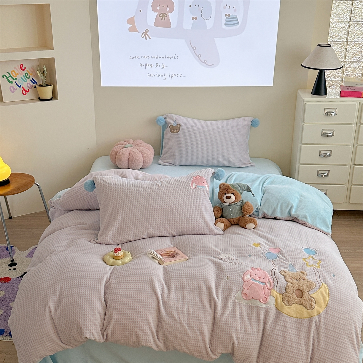 柚子YOUTH 2025新款华夫格提花绒刺绣四件套 月亮气球