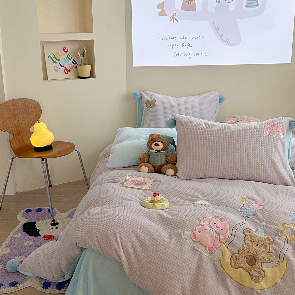 91家纺网 家纺一手货源 找家纺 柚子YOUTH 2025新款华夫格提花绒刺绣四件套 月亮气球