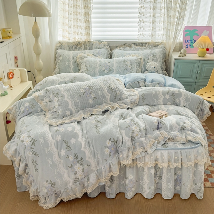 家之硕家纺 2025新款立体雕花可拆洗牛奶绒床裙四件套 安妮绿