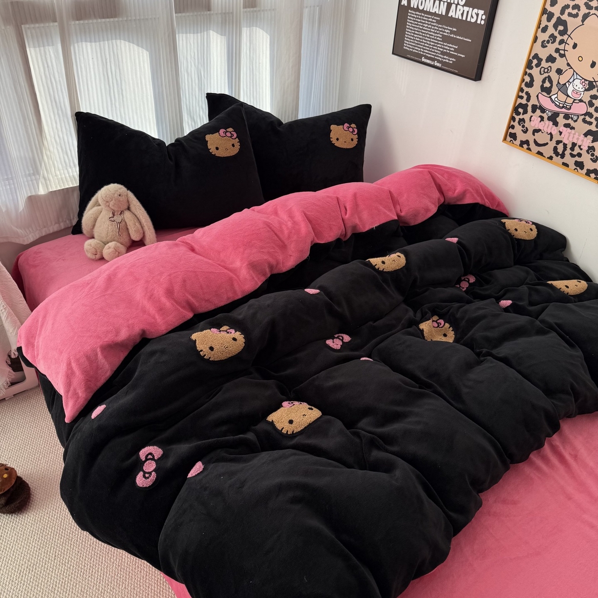童颜 2025新款秋冬牛奶绒四件套-黑皮猫 黑皮猫-黑+玫红