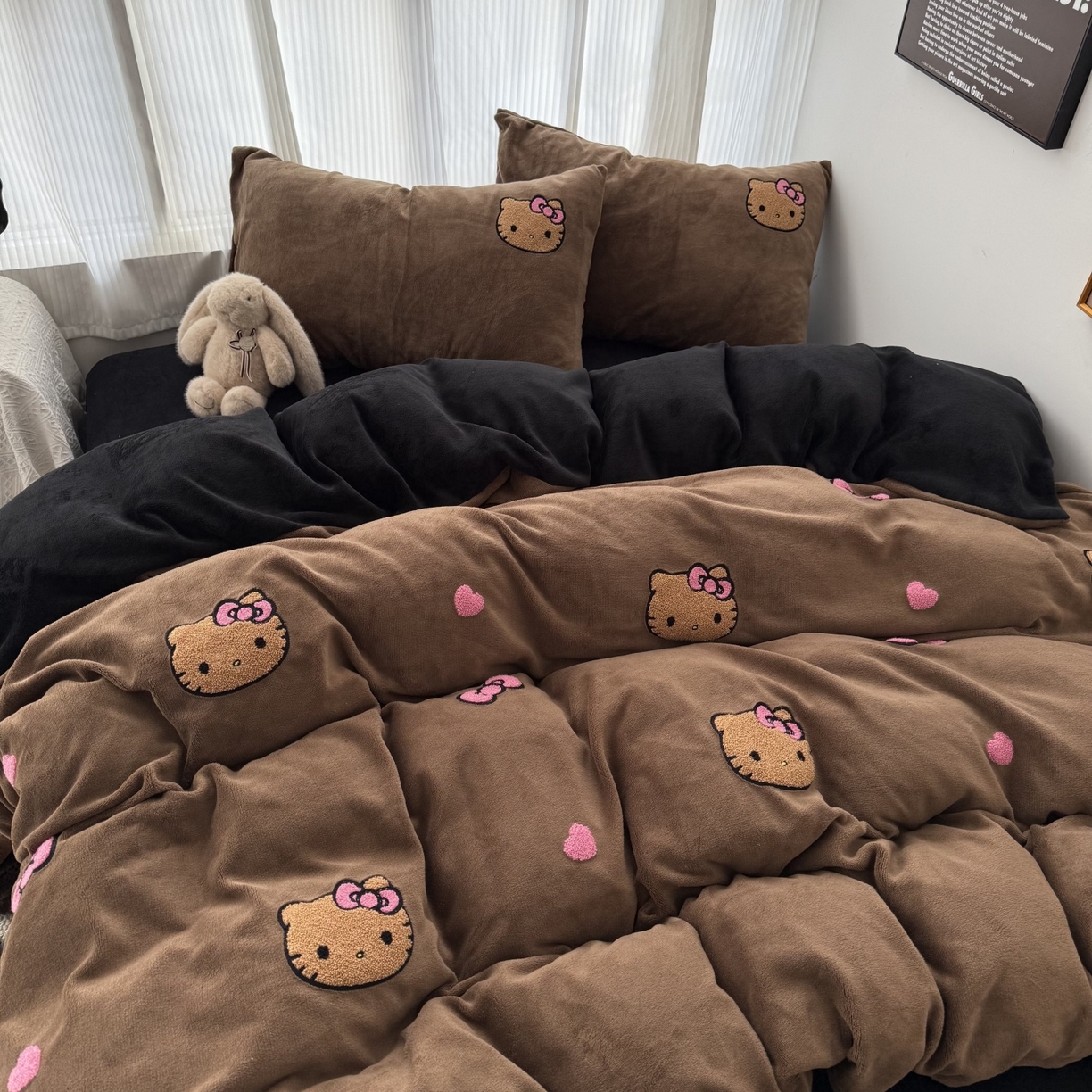 91家纺网 家纺一手货源 找家纺 童颜 2025新款秋冬牛奶绒四件套-黑皮猫 黑皮猫-深咖+黑