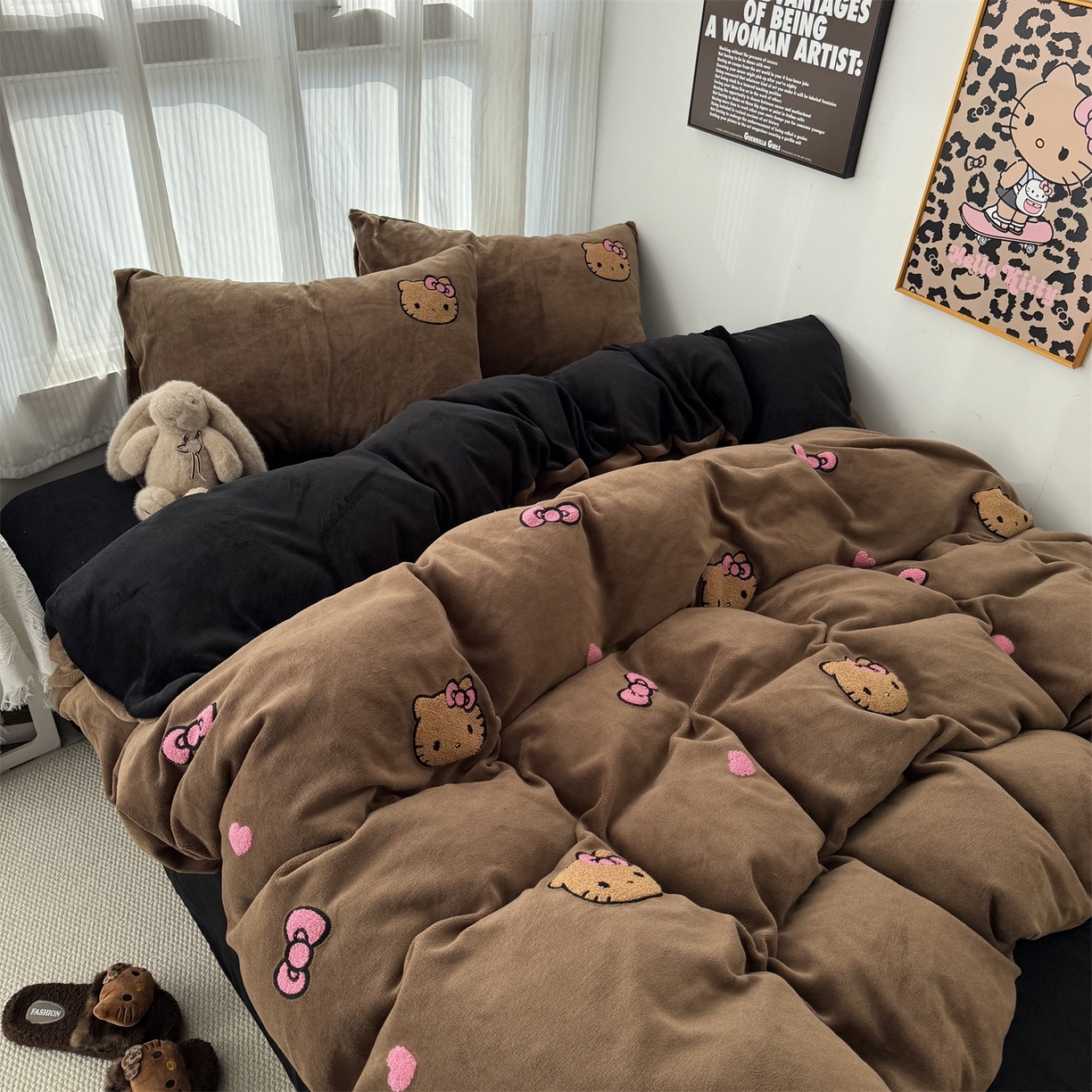 91家纺网 家纺一手货源 找家纺 童颜 2025新款秋冬牛奶绒四件套-黑皮猫 黑皮猫-深咖+黑